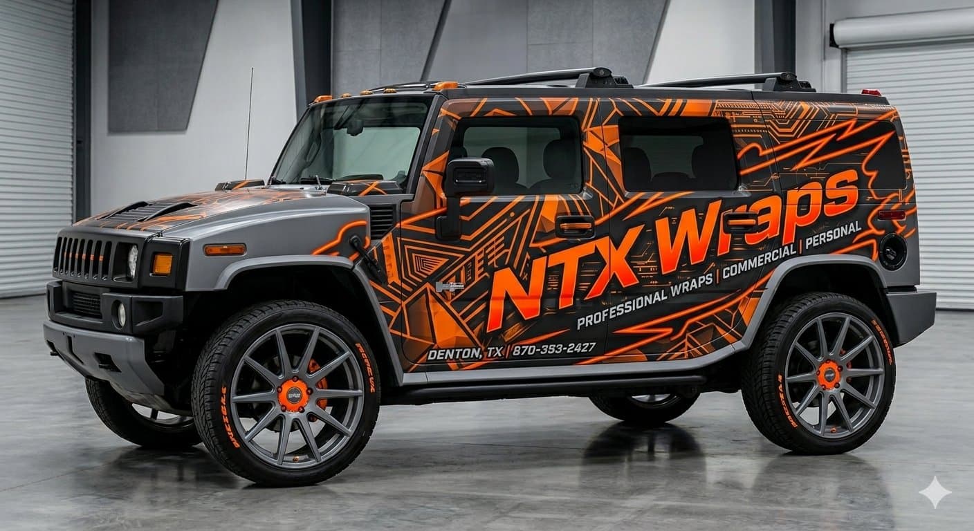 Hummer H2 in a custom NTX Wraps branded orange and black wrap